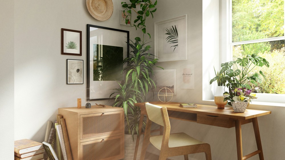 Organized workspace with natural elements
